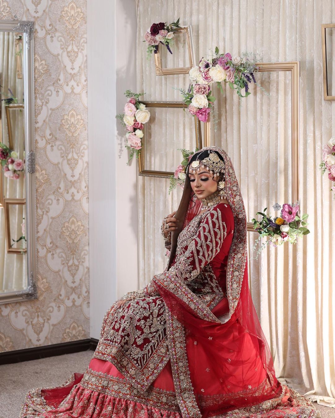 Red and Peach Designer Wedding Frill Lehenga with kurti and Embellishment - DN-1394