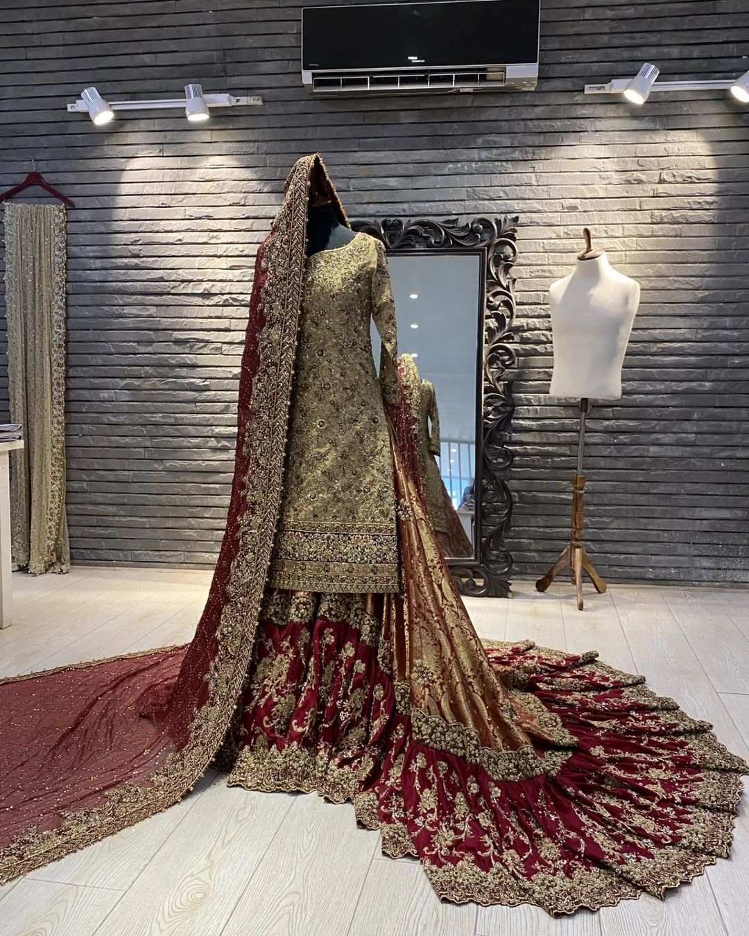 Pakistani Golden and Red Bridal long Trail Lehenga with Embroidered Kurti - DN-1623