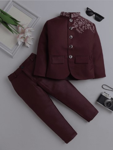 kids jodhpuri Maroon Boys Partywear Suit with Floral Embroidery - DN-1028