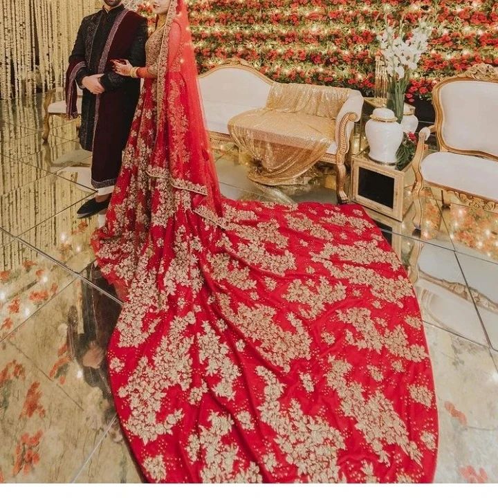 Pakistani Bridal Red Long Trail Gown with Golden Embroidery - DN-1624
