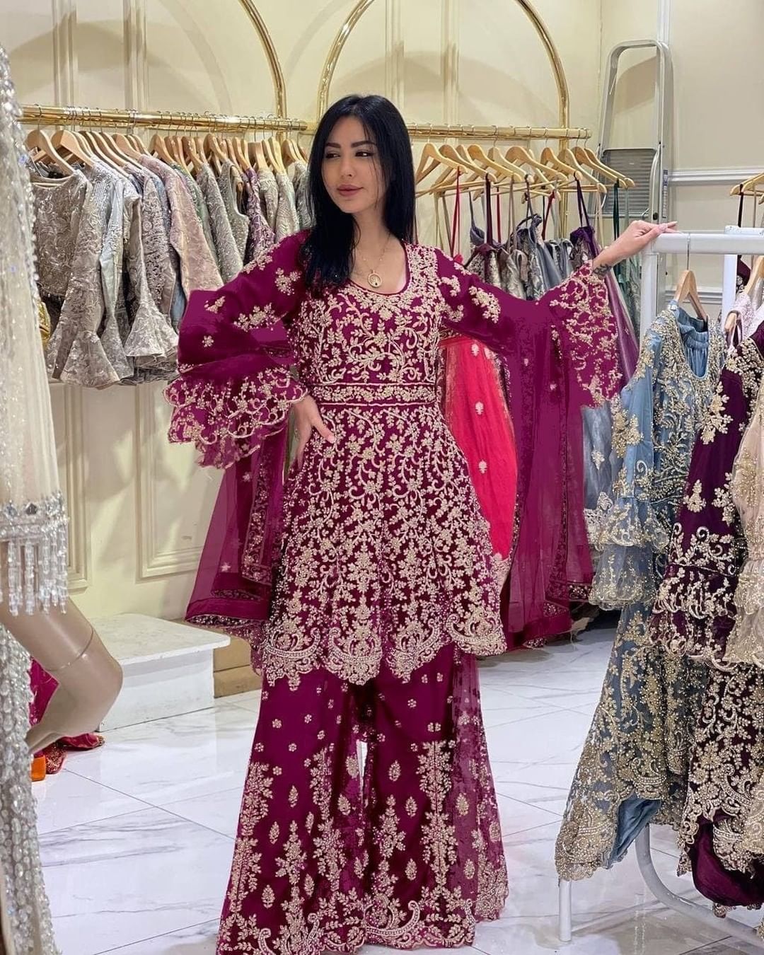 Designer Partywear and wedding Peplum with Sharara and Embroidery Bespoke - DN-1214