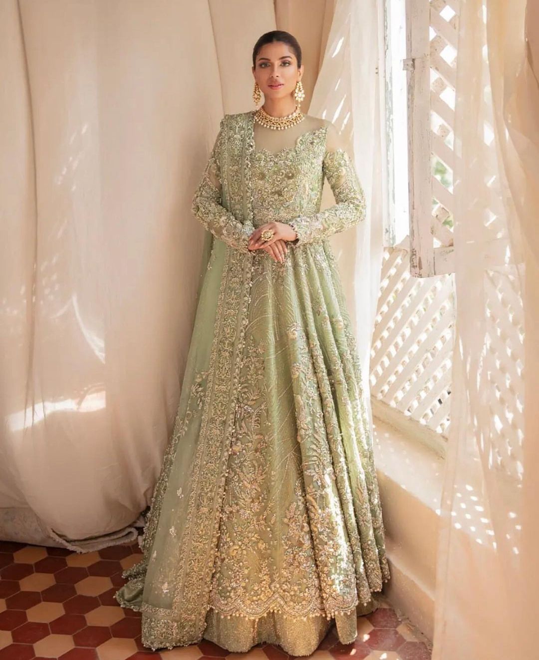 Designer Green Pakistani Wedding Walima Long Anarkali with lehenga and Embellishment - DN-1405