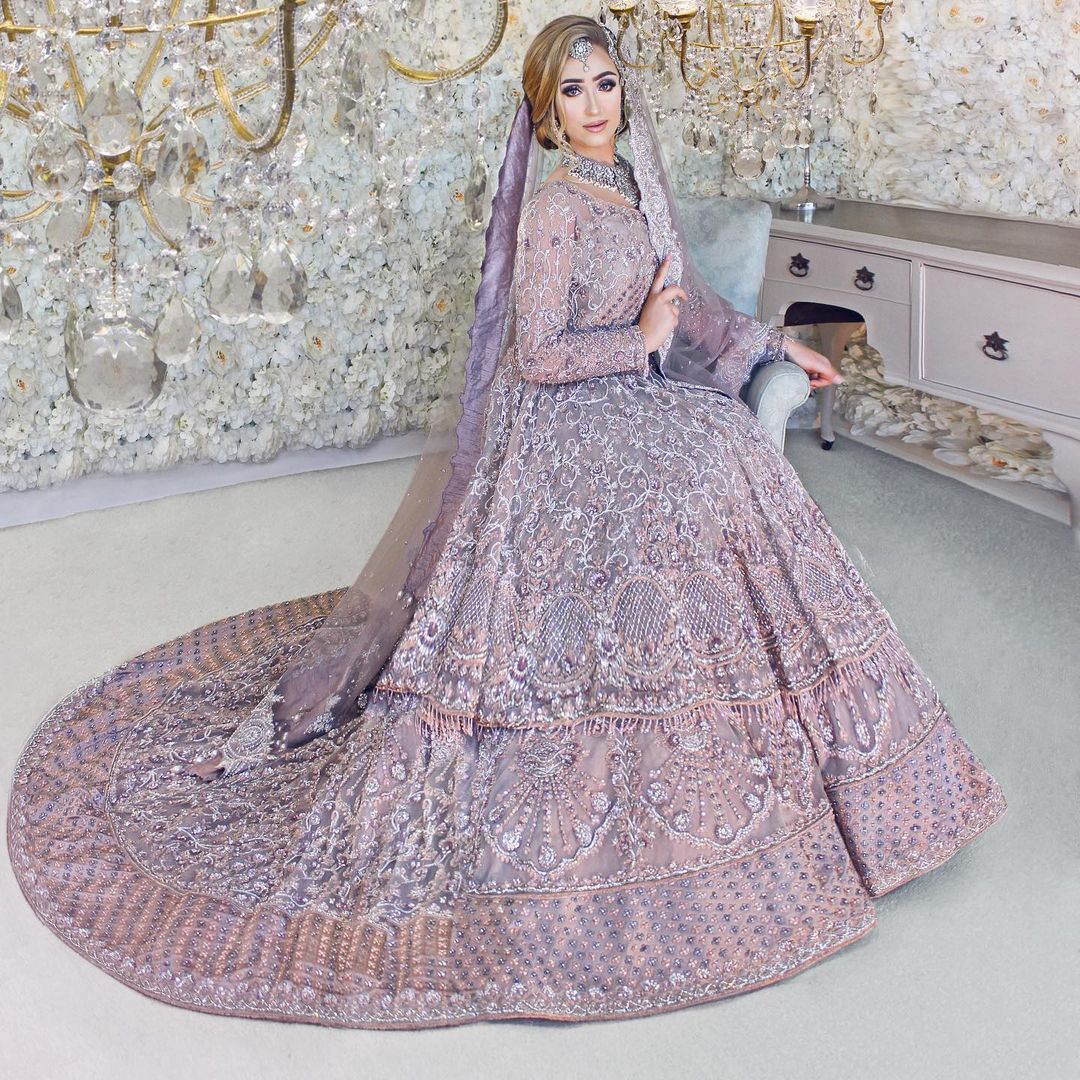 Purple Classy Designer Wedding Peplum with long trail lehenga and Embroidery Bespoke made to order - DN-1279