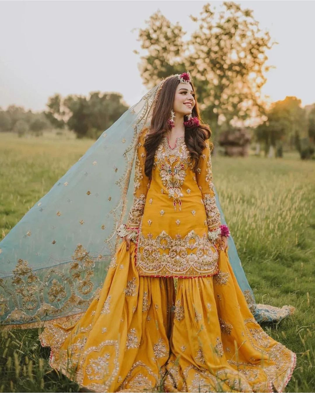 Yellow Designer Partywear and Wedding Garara with Embroidery Bespoke made to order - DN-1278
