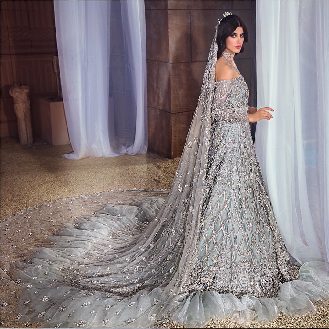 IVORY LONG TRAIL WEDDING GOWN WITH SILVER EMBROIDERY - DN-1687