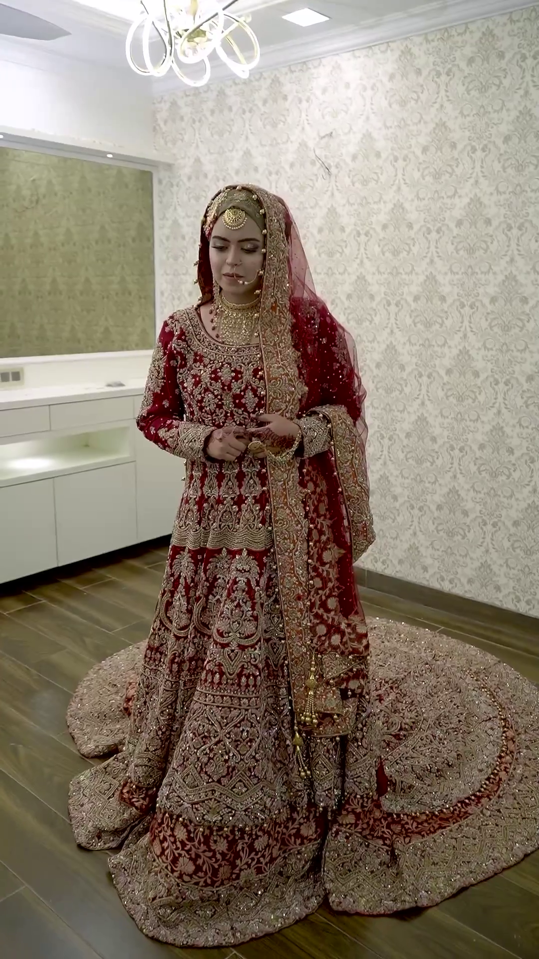 Red Traditional Pakistani Bridal Gown with Long Trail and Embellishment - DN-1473