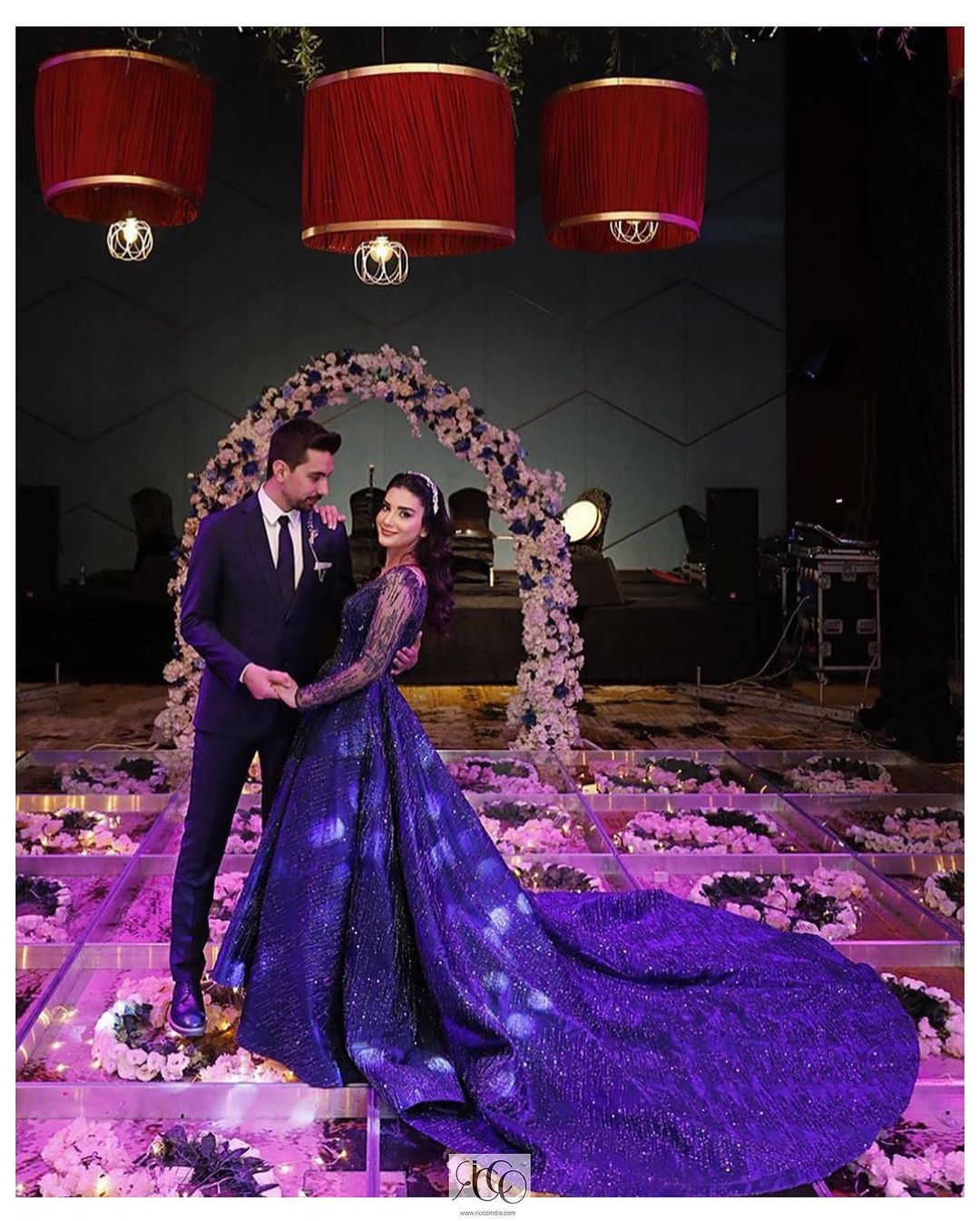 Blue Designer Wedding long Trail Gown with Sequence work Bespoke made to order - DN-1236