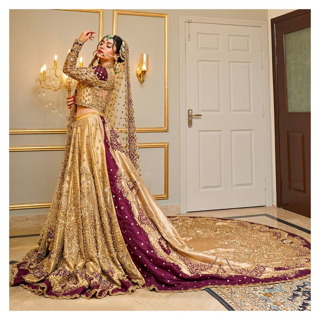 EMBROIDERED LONG TRAIL LEHENGA WITH CROP TOP AND EMBELLISHMENT - DN-1686