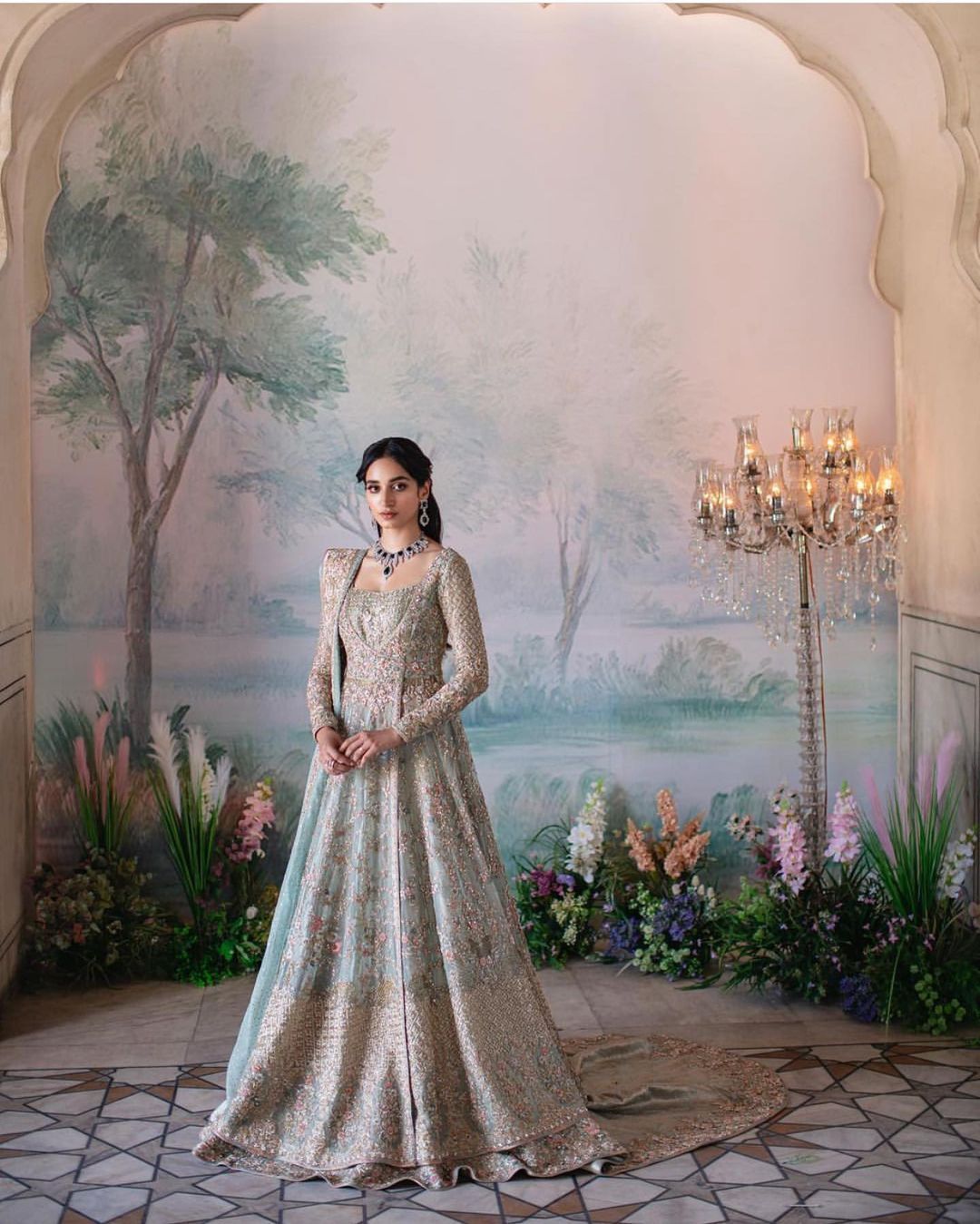 Designer Walima Long Trail Lehenga with Split Anarkali - DN-1626