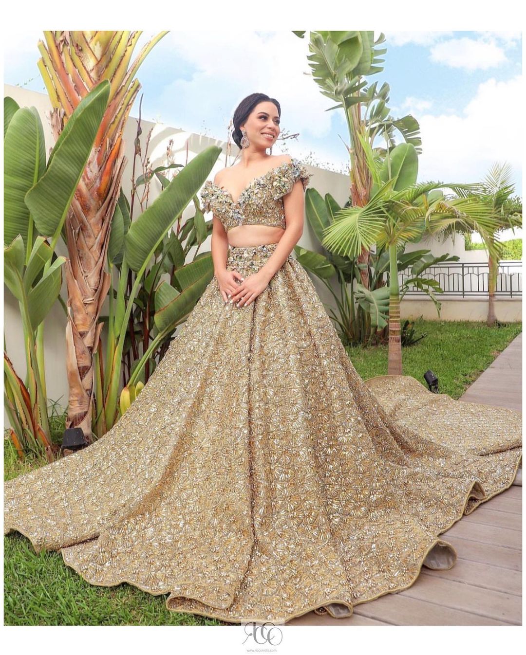 Classy Golden Designer Bridal long trail lehenga choli with embroidery Bespoke - DN-1261