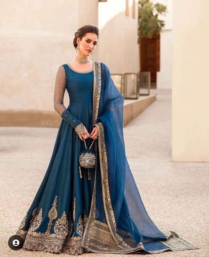 Blue Designer Partywear Anarkali with Embroidery Bespoke made to order - DN-1237