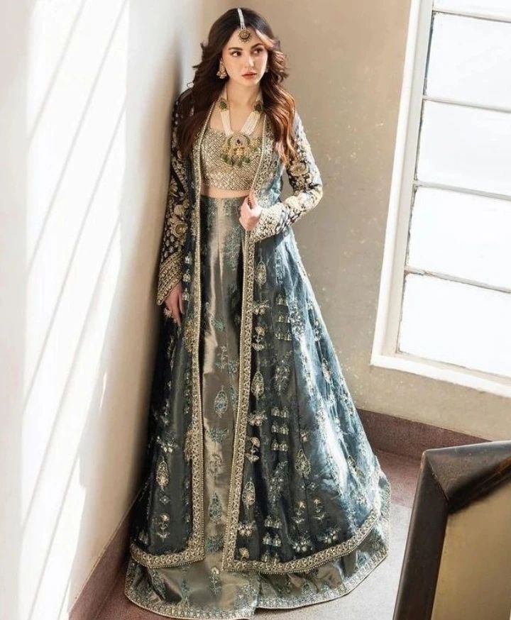 Green Designer Partywear lehenga with croptop and long jacket Bespoke made to order - DN-1238