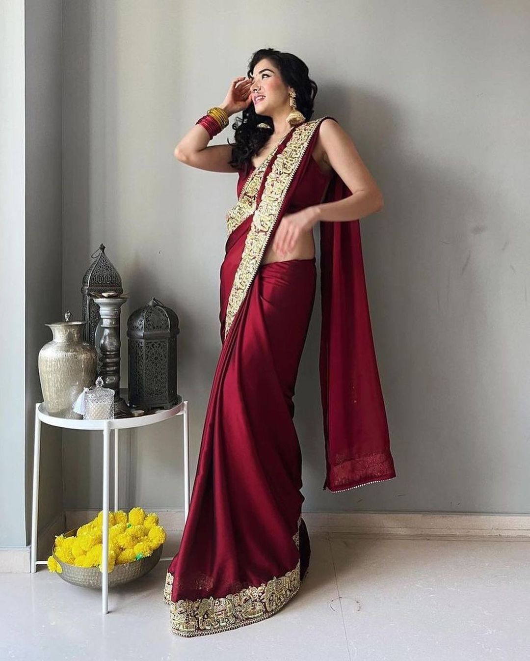 Maroon Designer Partywear Silk Saree with Embroidery Bespoke made to order - DN-1241