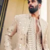 Royal Beige Mirror Work Sherwani for Men | Luxury Pakistani Wedding Outfit DN - 3013