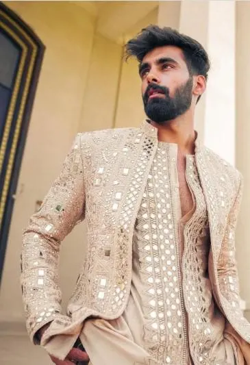 Royal Beige Mirror Work Sherwani for Men | Luxury Pakistani Wedding Outfit DN - 3013