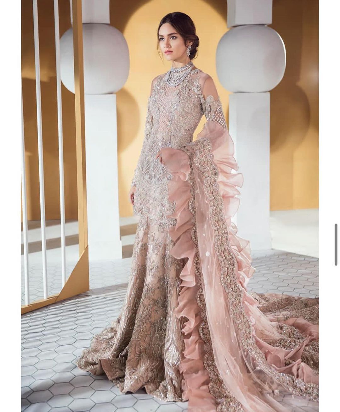 Pink Classy Designer Wedding and Reception long Trail Gown with Embroidery and Bespoke - DN-1151