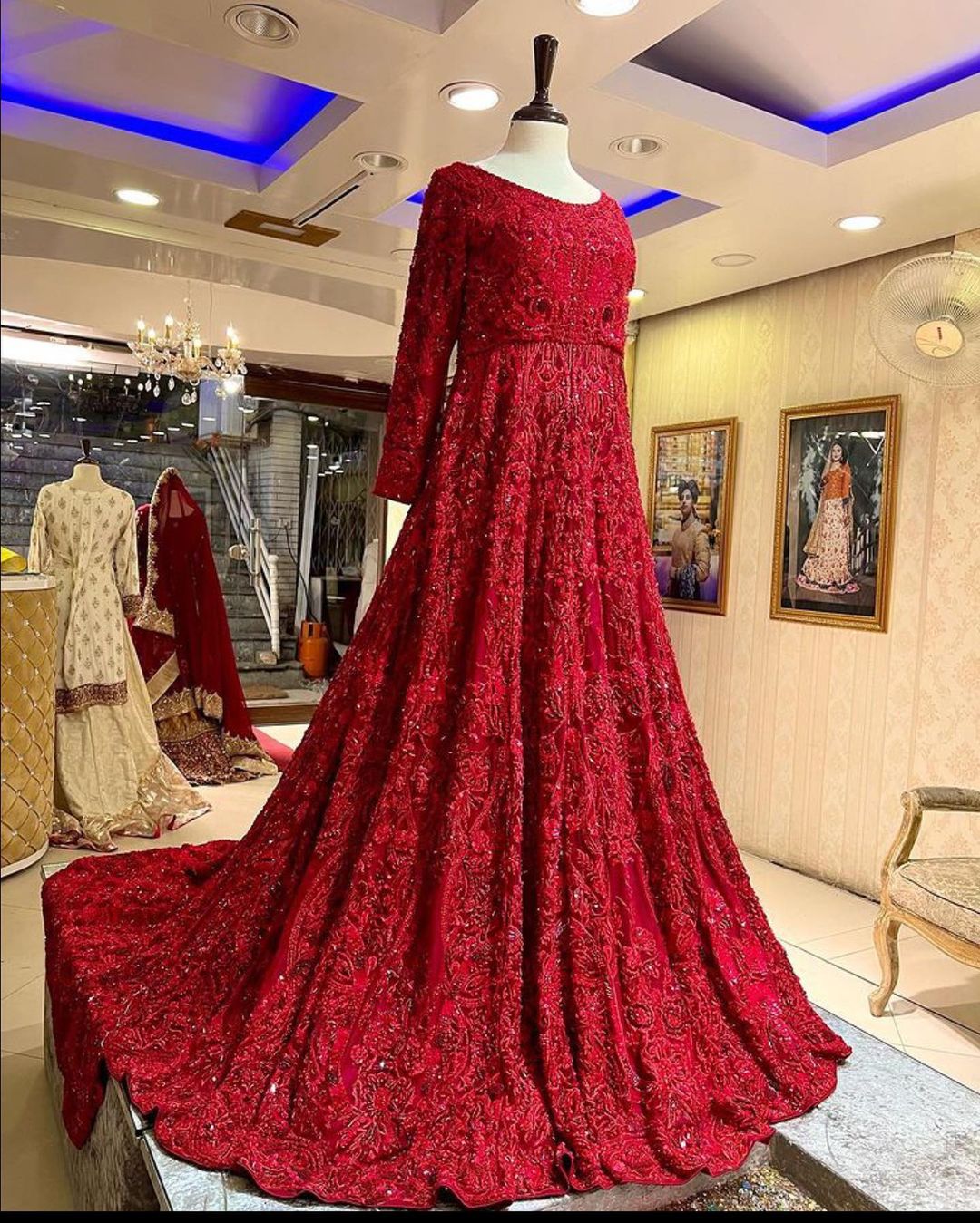 TRADITIONAL RED BRIDAL LONG TRAIL GOWN WITH EMBELLISHMENT - DN-1678