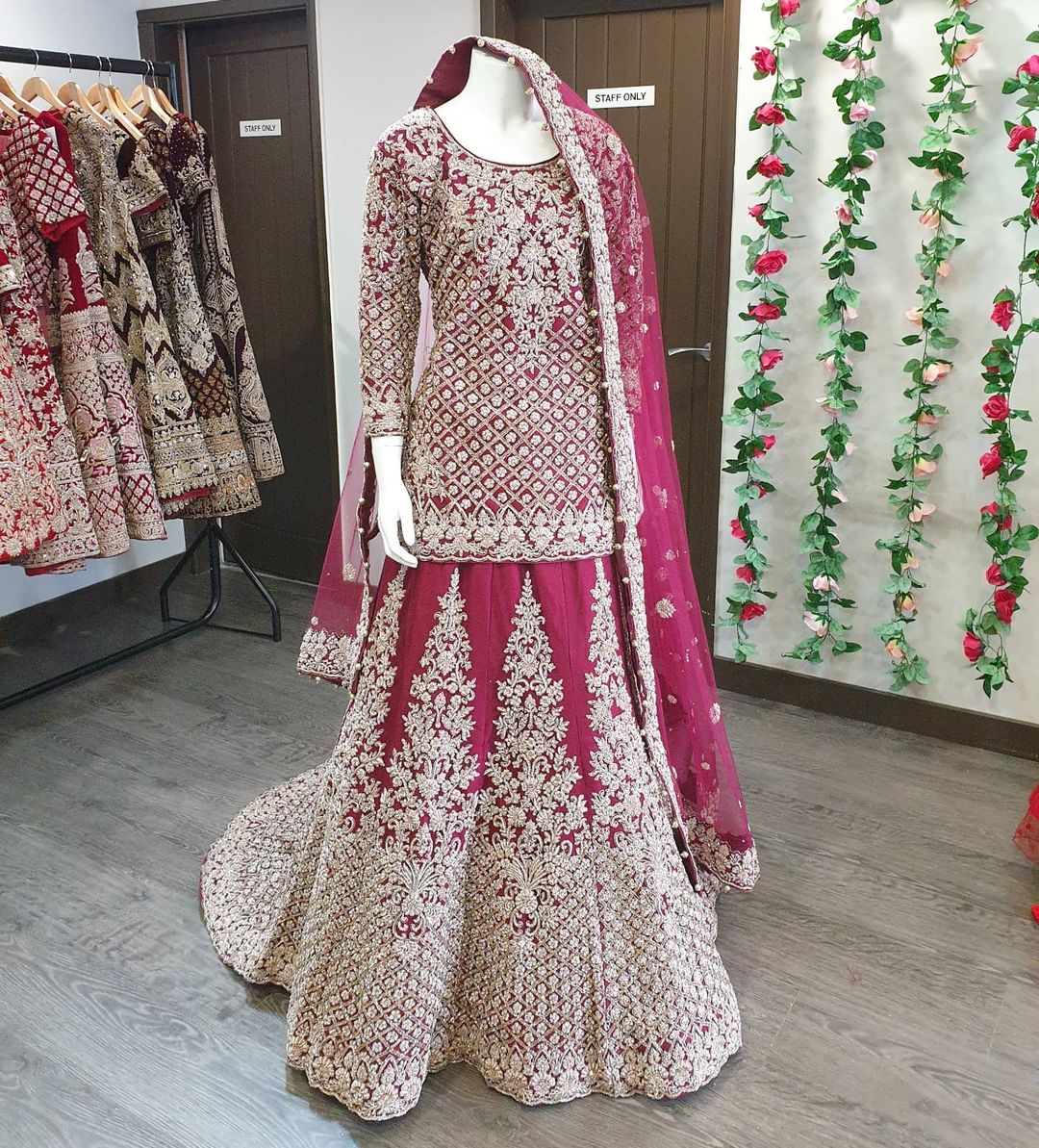 Classy Maroon Designer Pakistani Nikaah long Trail lehenga with short kameez and Embroidery Bespoke - DN-1142