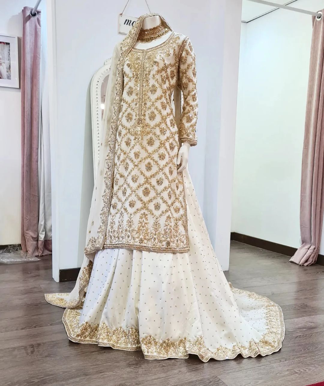 White Designer Pakistani Wedding long Trail Lehenga with Kameez with Golden Embroidery Bespoke - DN-1144