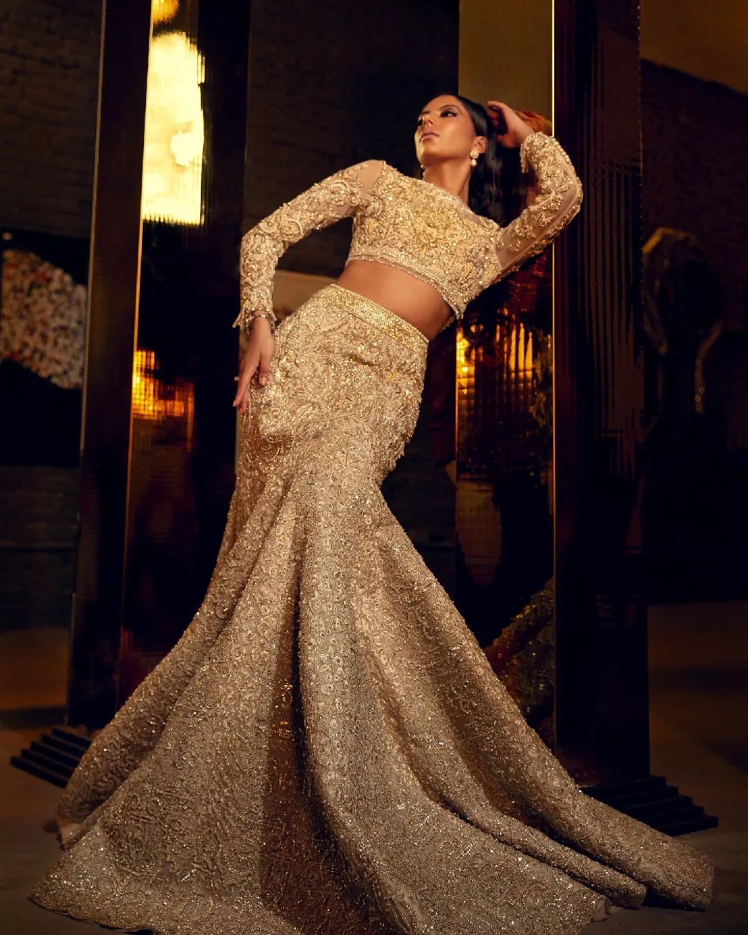 Classy Golden Designer Indian Bridal lehenga choli with Embroidery Bespoke - DN-1140