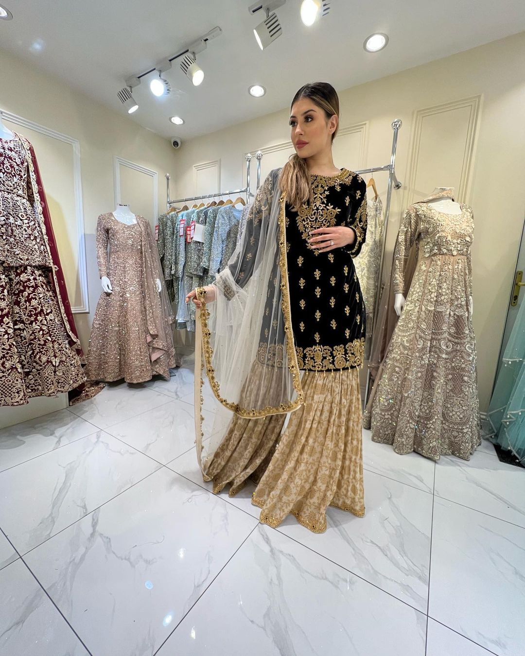 Designer Partywear Black Kameez with Golden Garara and Embroidery Bespoke - DN-1192