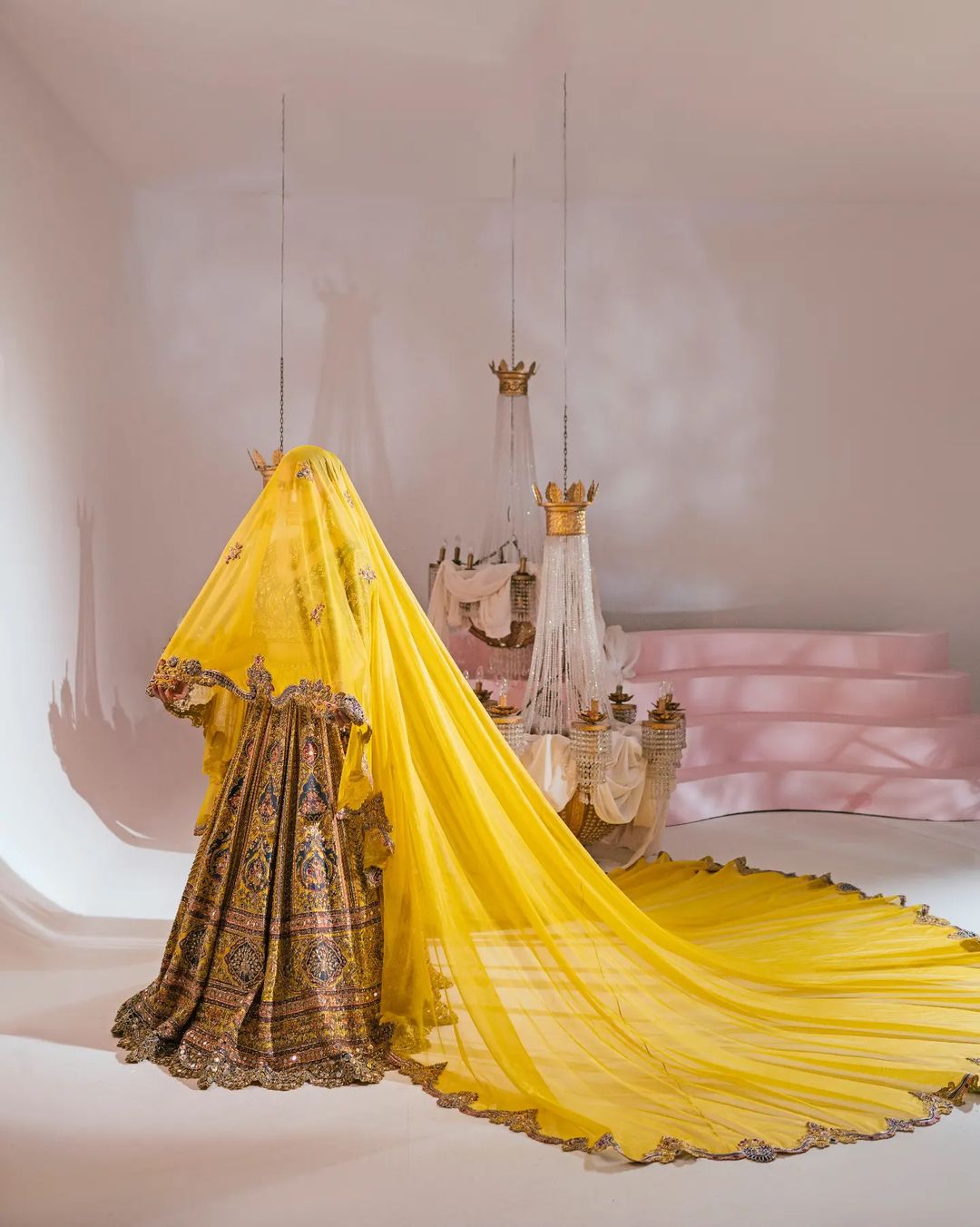 Indian Designer Blue and Yellow Bridal lehenga Choli with long Veil and Embellishment - DN-1383