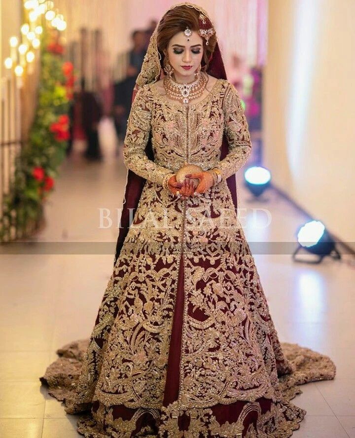 Traditional Maroon Designer Pakistani Bridal long Split Anarkali with lehenga and Embellishment - DN-1380