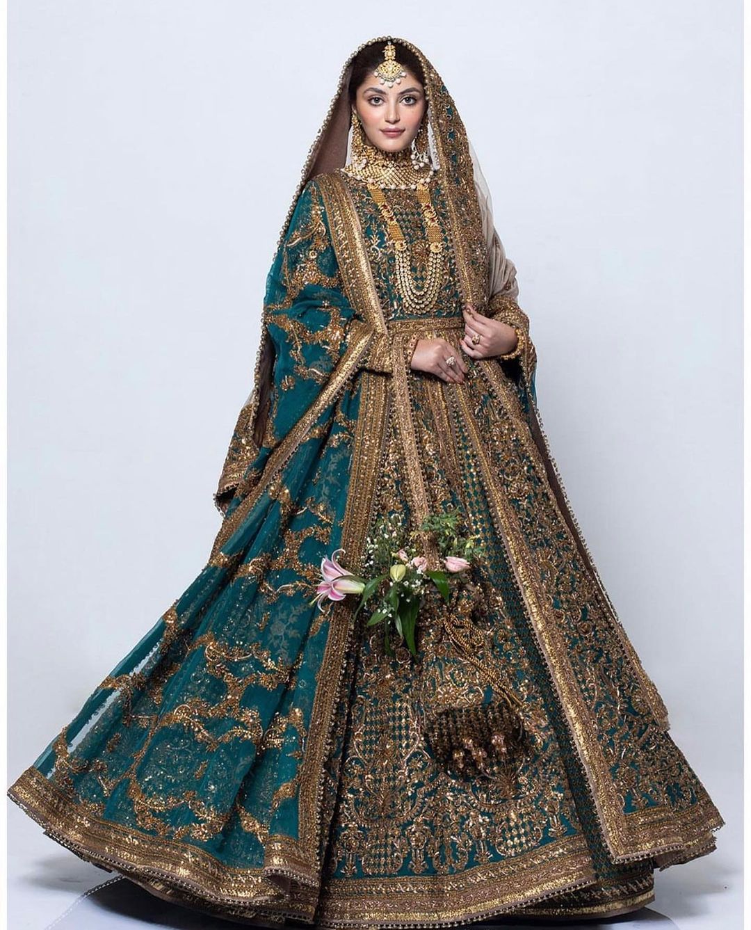 Designer Green and Golden Pakistani Walima long Anarkali with lehenga and Embellishment - DN-1375