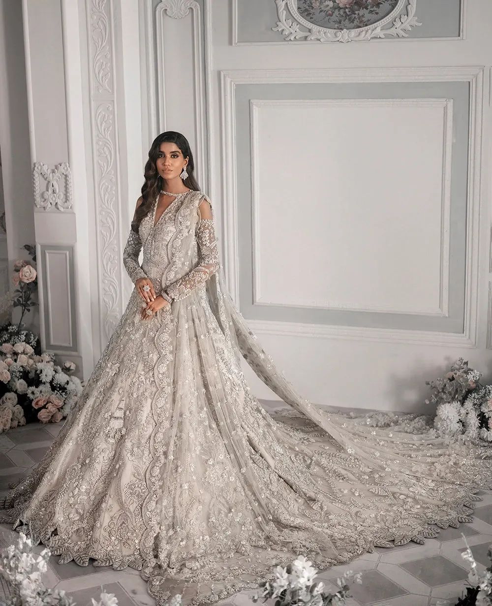 Classy Designer Pakistani Walima long Trail Gown with Embroidery Bespoke - DN-1137