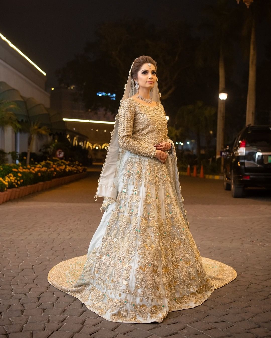 Pakistani Designer Wedding Long Trail Gown with Golden Embroidery - DN-1611