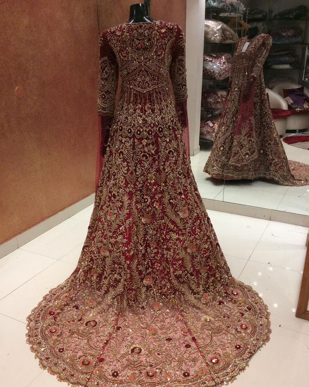 RED VELVET LONG TRAIL BRIDAL GOWN WITH HANDWORK - DN-1987