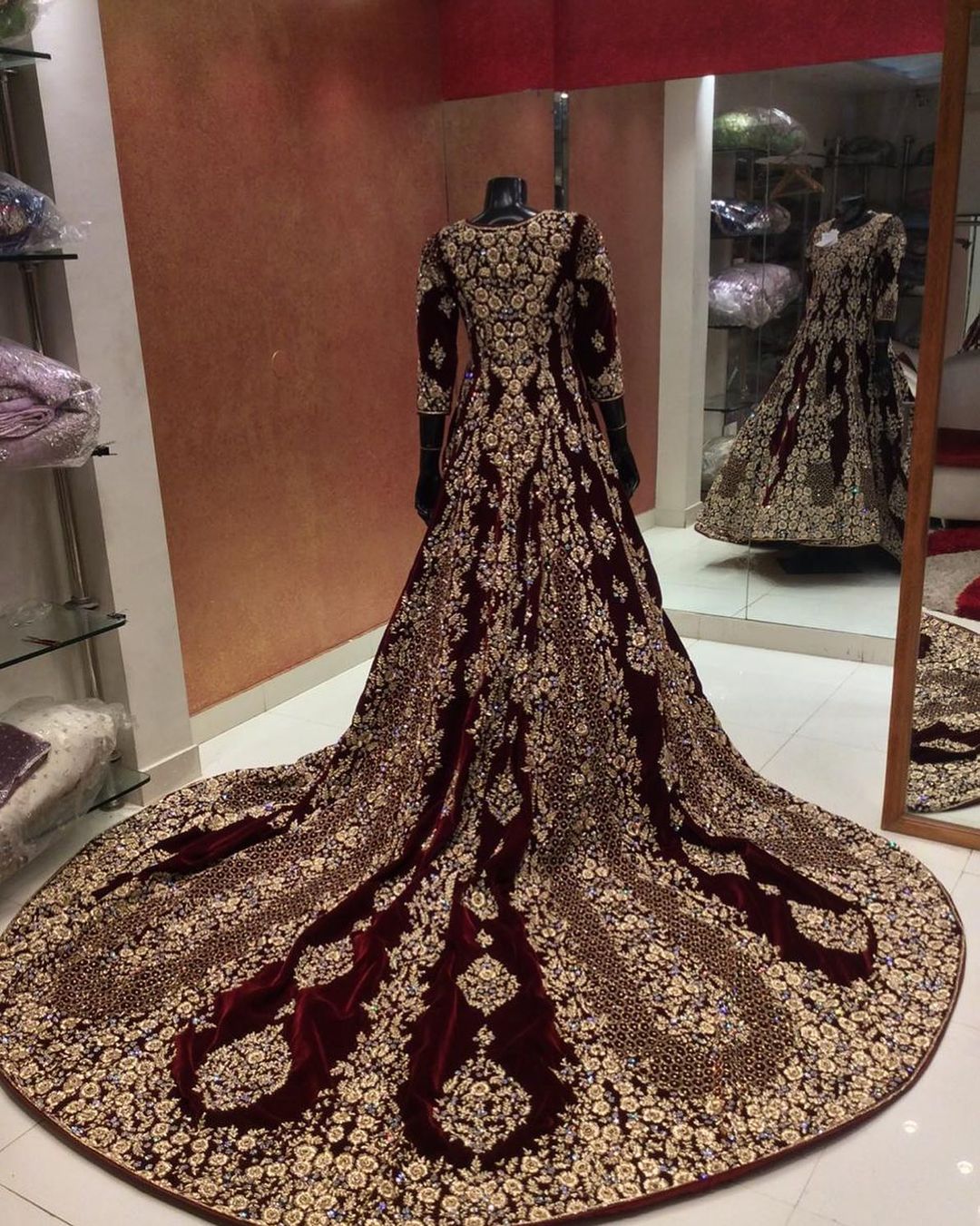 Wedding Maroon Velvet Bridal Long Trail Gown with Embellishment - DN-1989