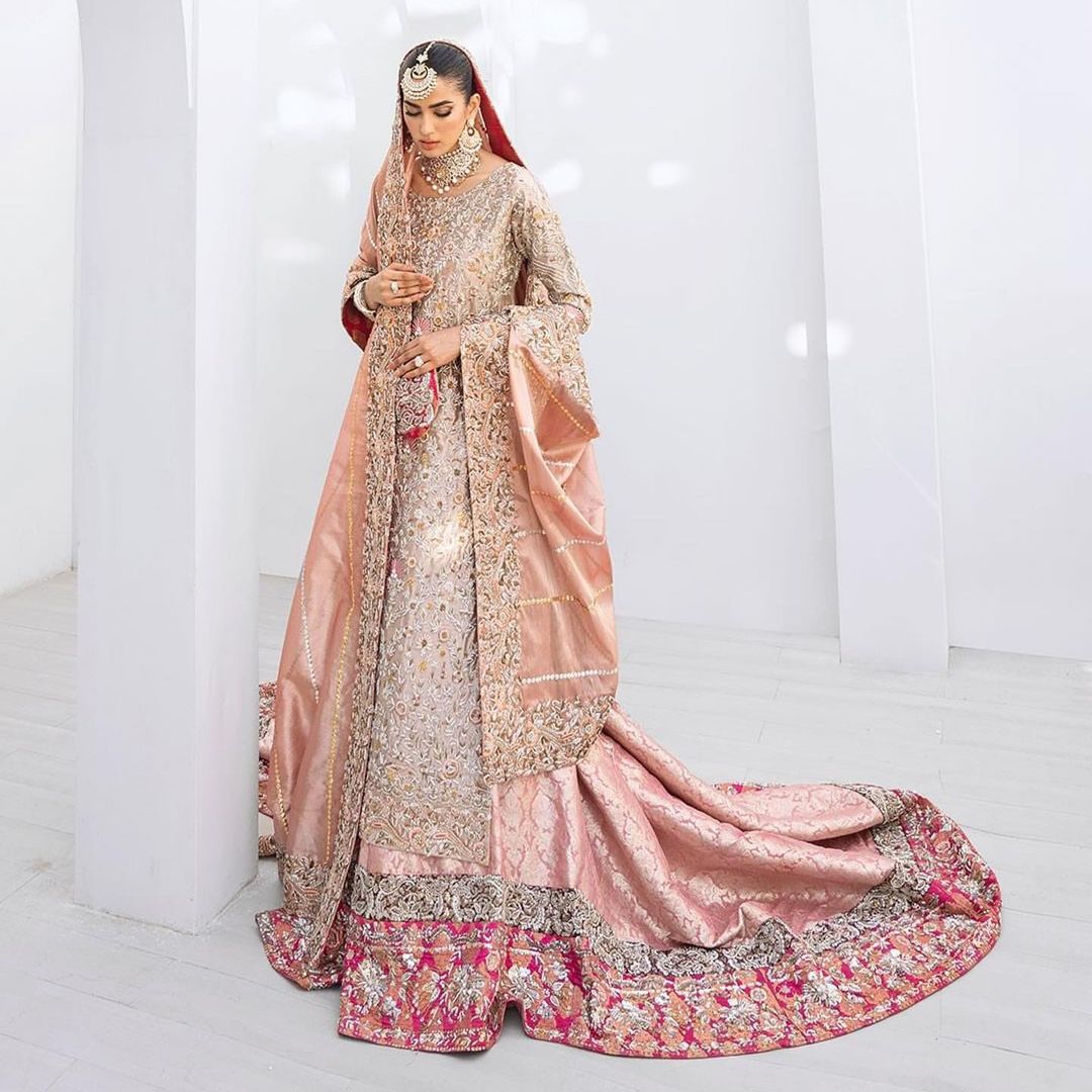 Pink Designer Pakistani wedding Long Trail lehenga with long kurti and Embellishment - DN-1374