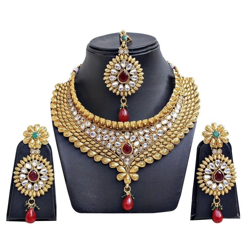 Maroon Green copper Gold Plated Necklace set With Mang Tikka - DN-2015