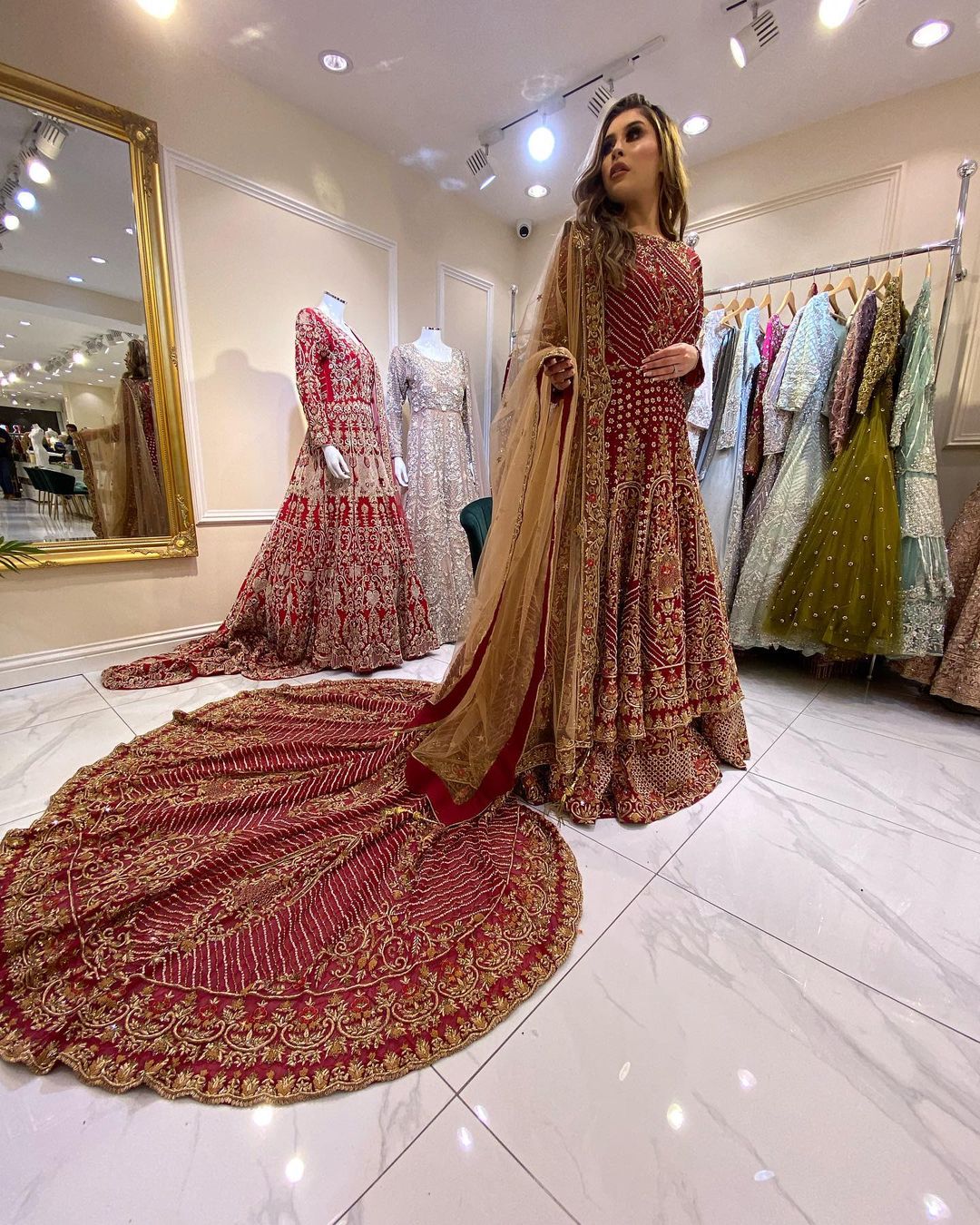 Pakistani Red Wedding long Trail Embroidered Anarkali with Lehenga - DN-1610
