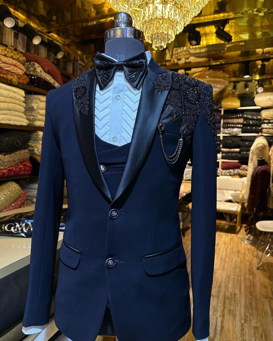 Dark Blue Designer Wedding and Reception Tuxedo Suit with Embroidery - DN-1304