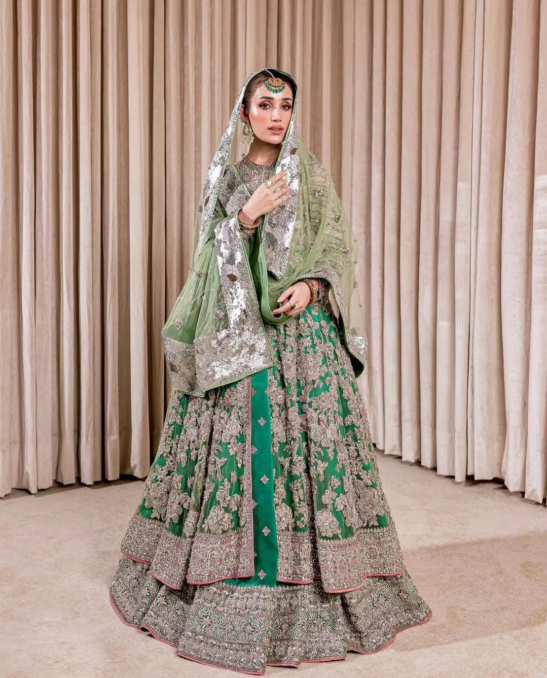 Green Designer Pakistani Nikaah and walima long split Anarkali with lehenga and Embroidery Bespoke - DN-1130