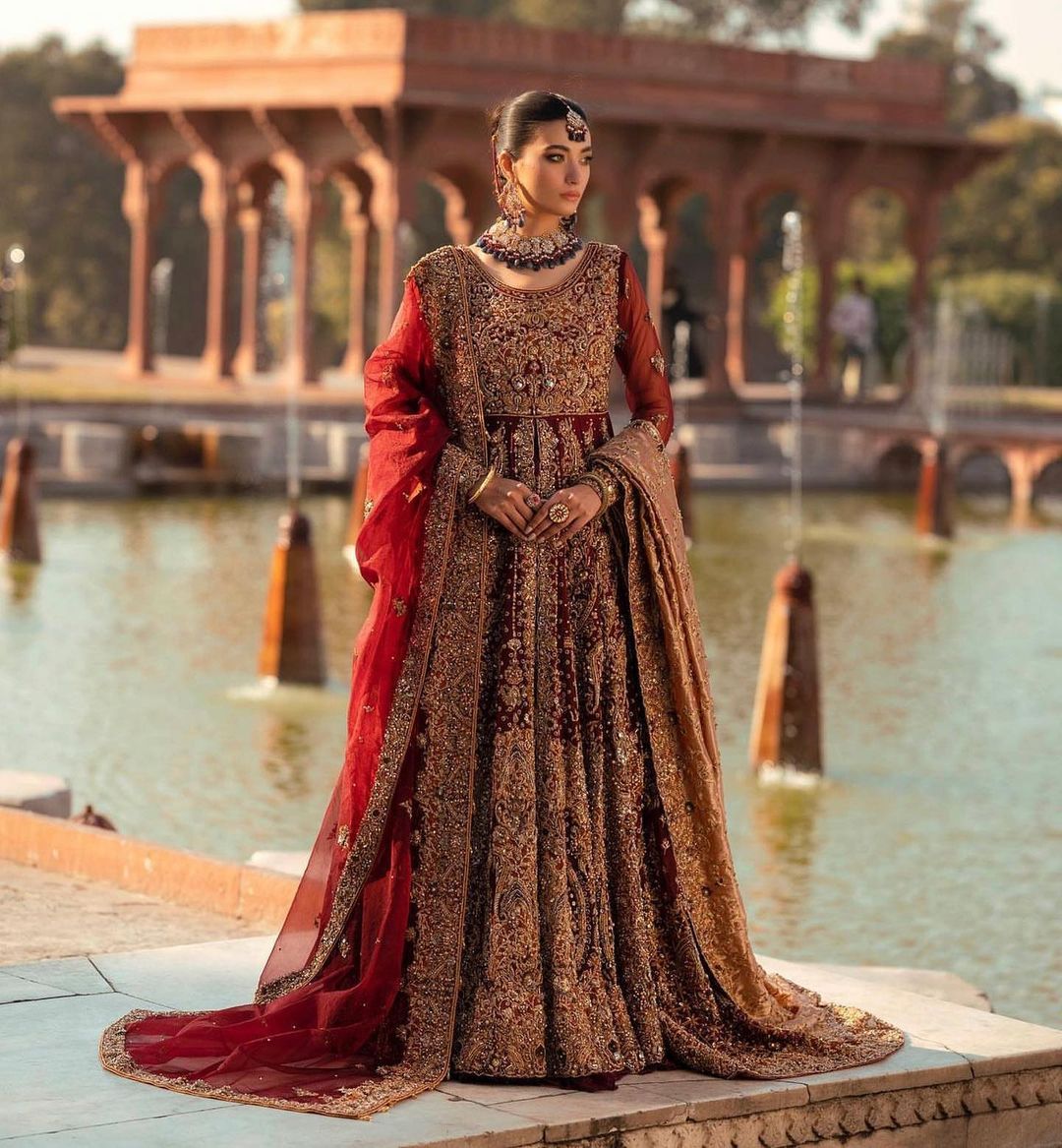 Classy Red Designer Pakistani wedding long split Jacket with lehenga and Embroidery Bespoke - DN-1131