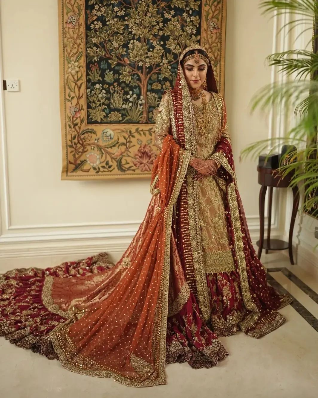 Traditional Pakistani Nikaah and Walima Frill long Trail lehenga with kameez and Embroidery Bespoke - DN-1134