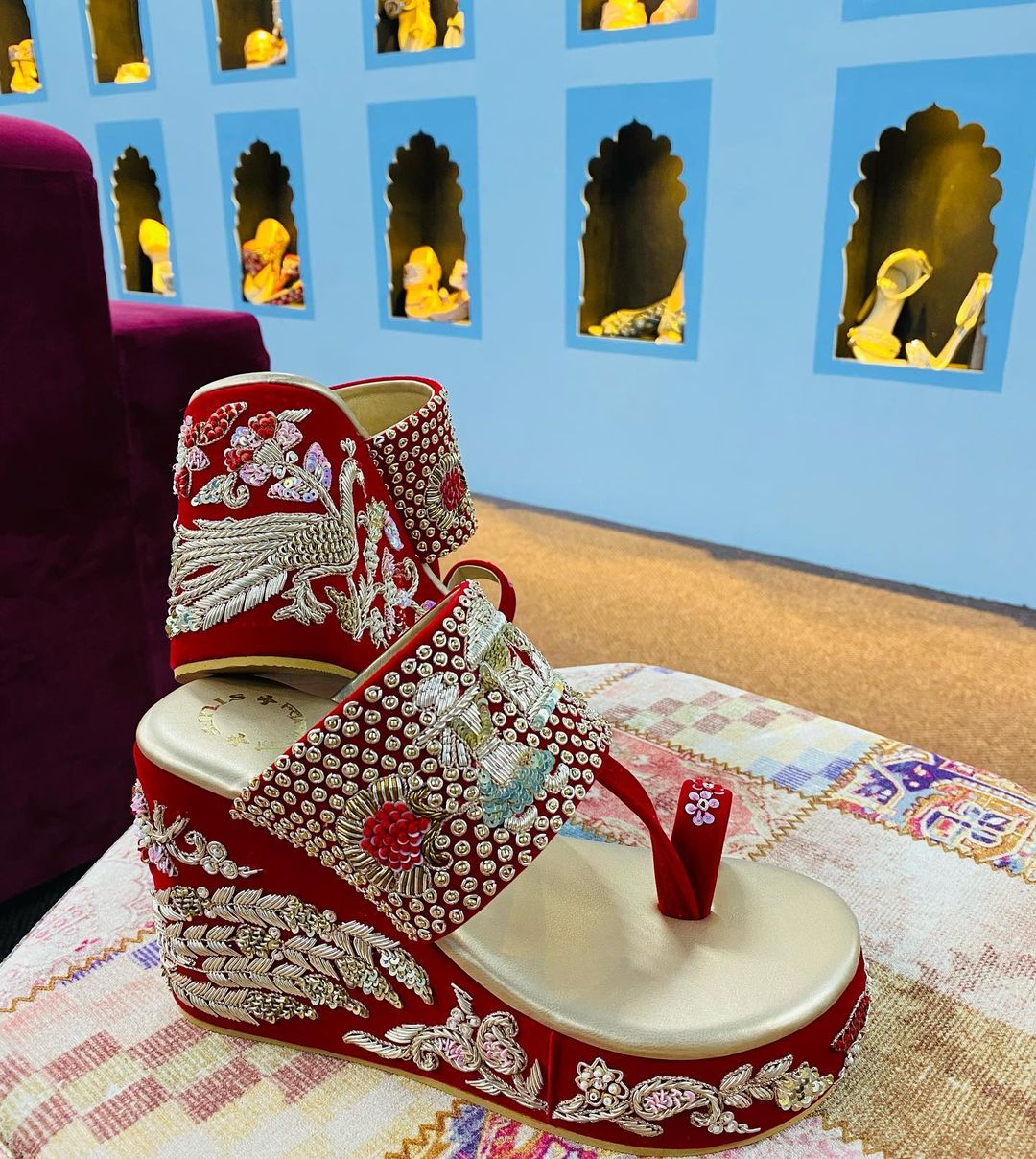 Designer Red Velvet Wedding Wedges and Embroidery - DN-1443