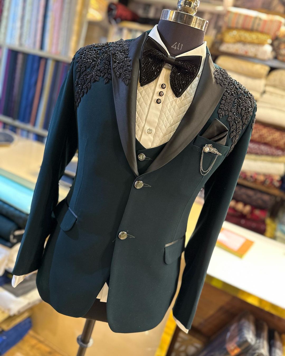 Designer Dark Green Partywear and Reception Tuxedo Suit with Embroidery - DN-1307