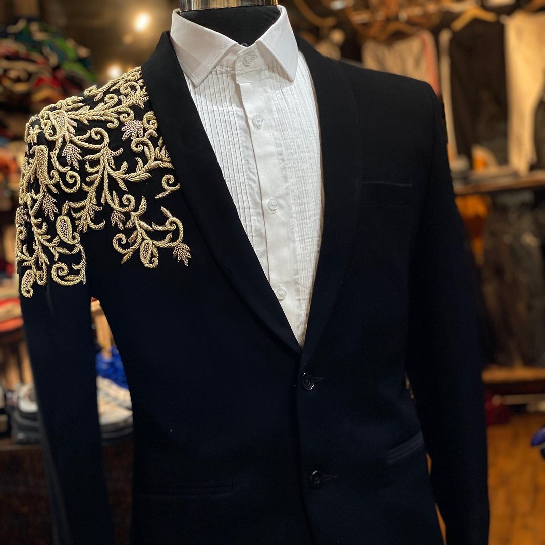 Black Designer Partywear Tuxedo Suit with One Side Golden Flower Embroidery - DN-1310