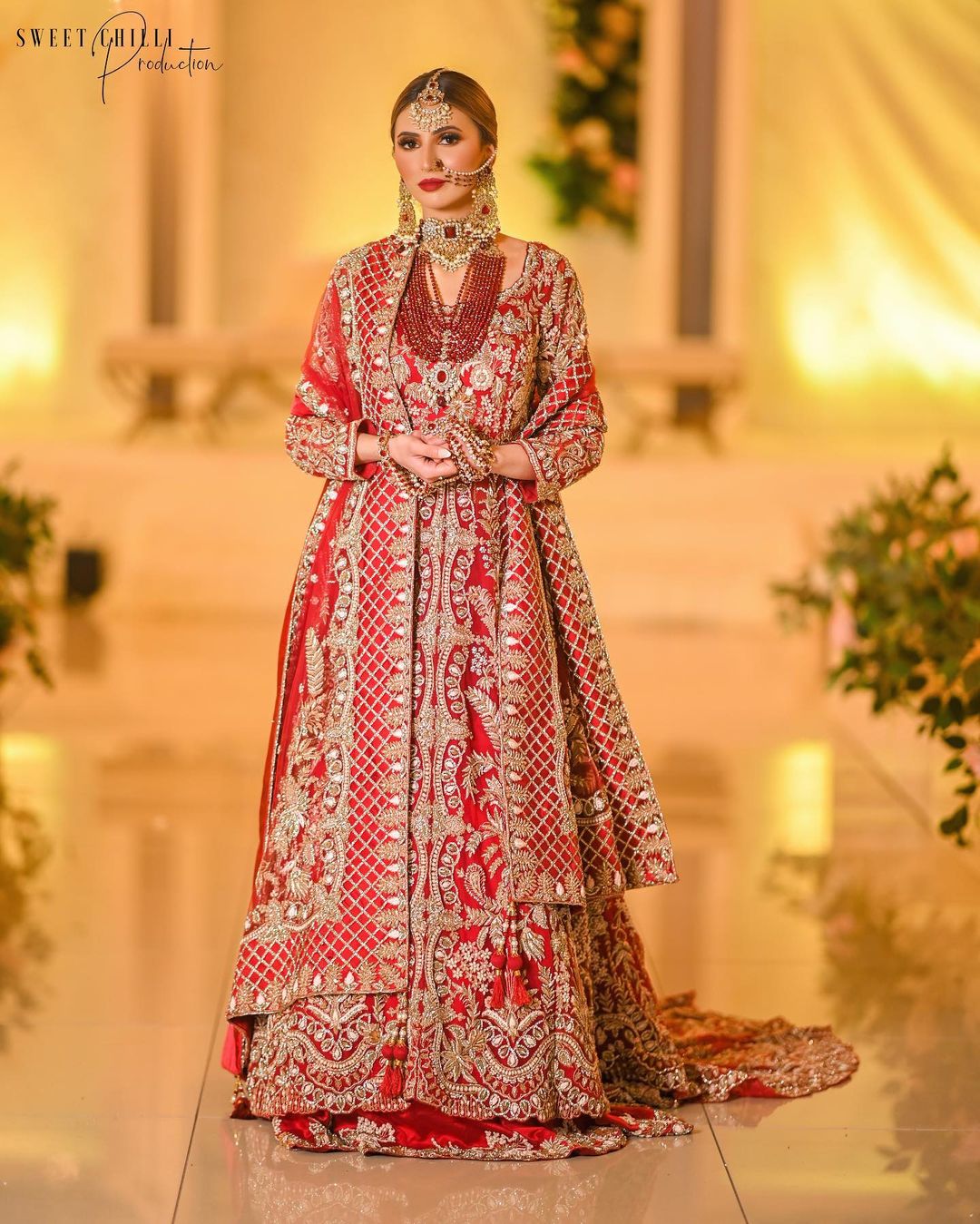 Red Traditional Pakistani Bridal long Trail Anarkali with lehenga and Embellishment - DN-1372