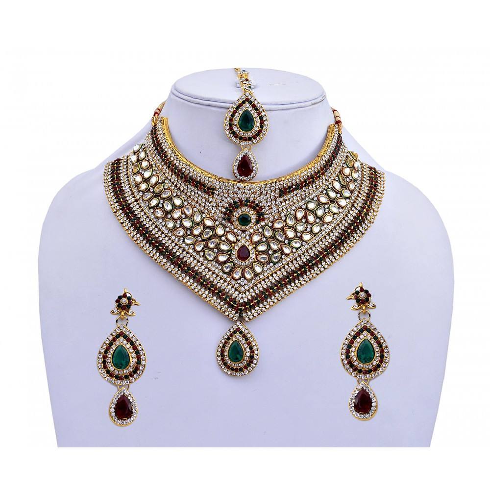 Engagement  Maroon Green Designer Necklace set with Mang Tika - DN-2020