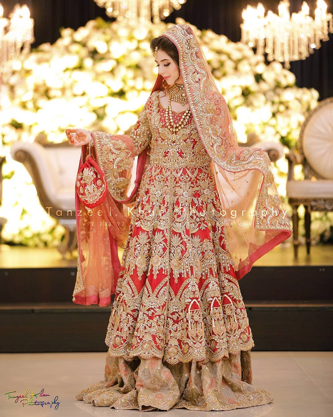 Red Traditional Pakistani Nikaah long Anarkali with lehenga and Golden Embroidery - DN-1371