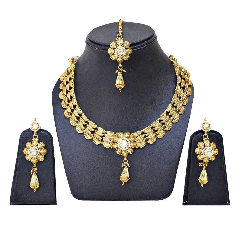 White Copper Gold Plated Necklace set With Mang Tikka - DN-2024