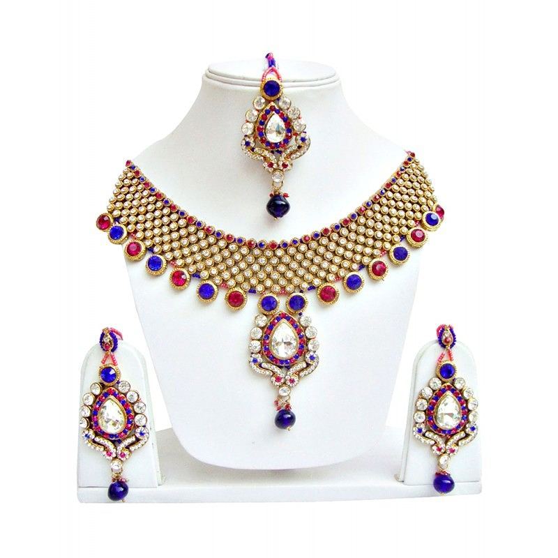 Elegant Magenta Blue Guluband Necklace Set With Maang Tika - DN-2027