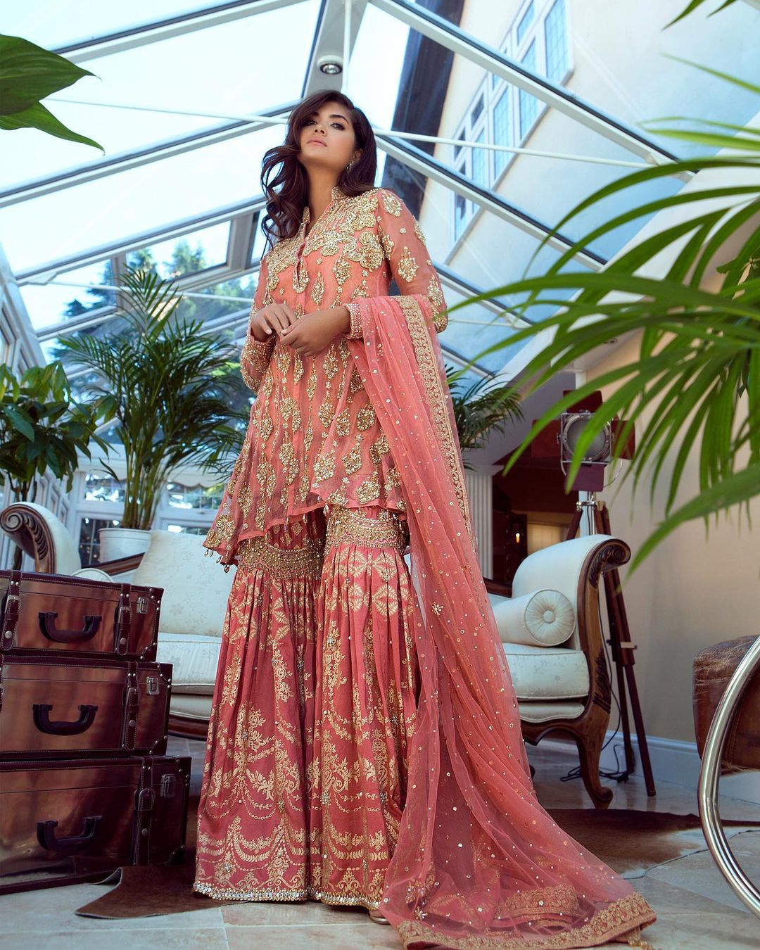 Peach Designer Partywear and Wedding Peplum with Garara and Embellishment - DN-1369