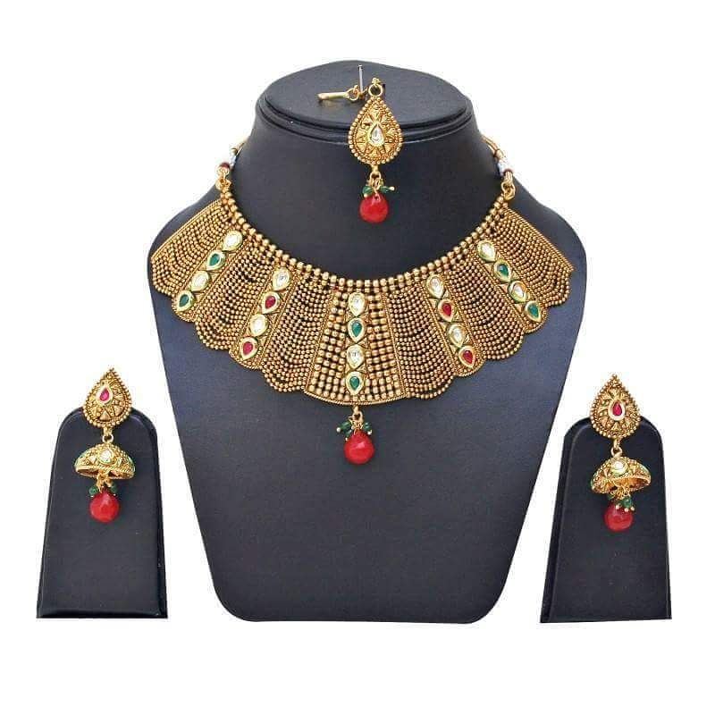 Designer Wedding Maroon And Green With Gold Plated Necklace With Mangtika Set - DN-2028
