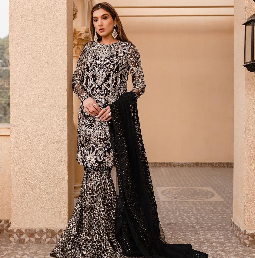 Black Designer Partywear and Wedding Garara with Silver Embroidery - DN-1368